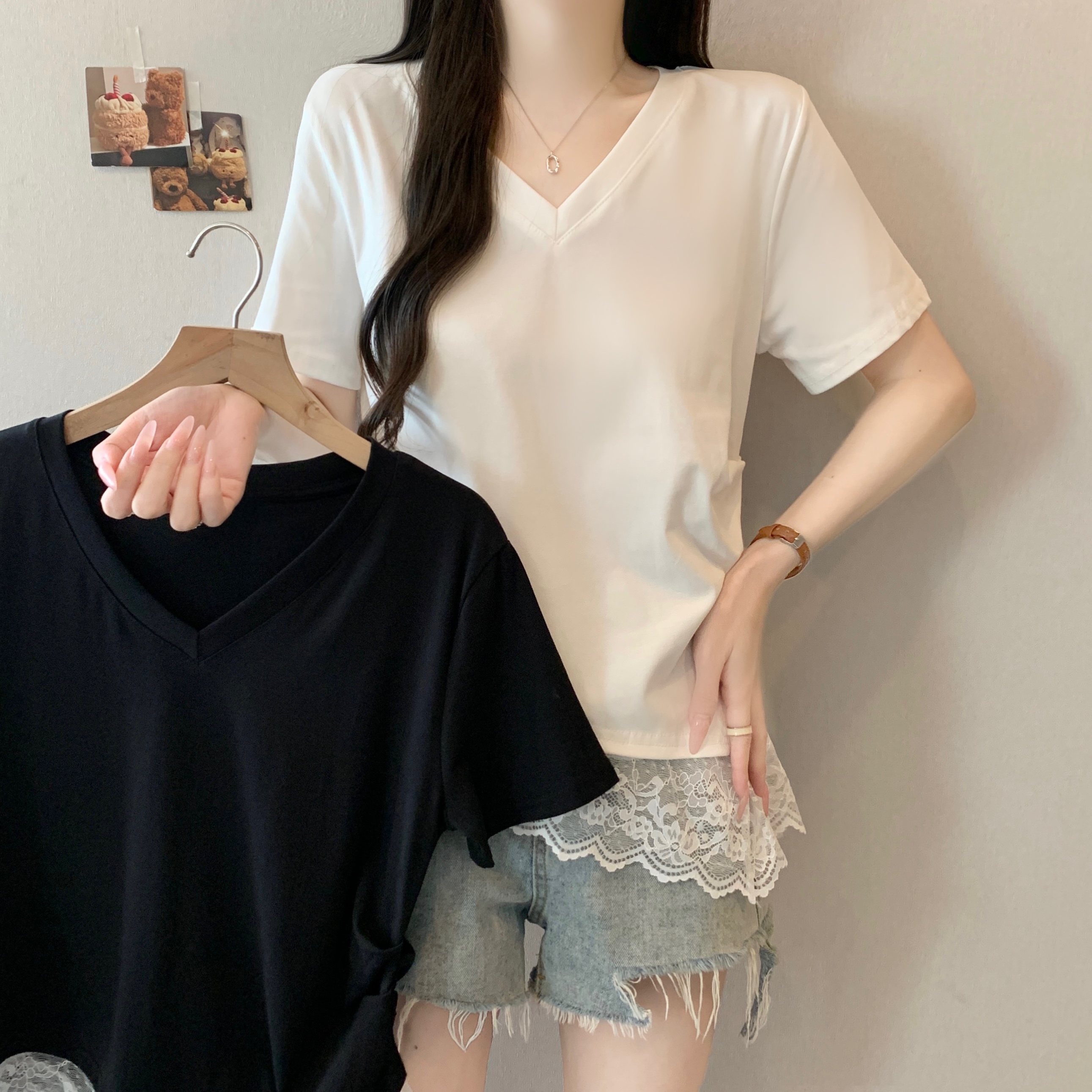 RY5717# 实拍胖妹妹大码女装夏季新款假两件短袖T恤撞色显瘦宽松减龄上衣