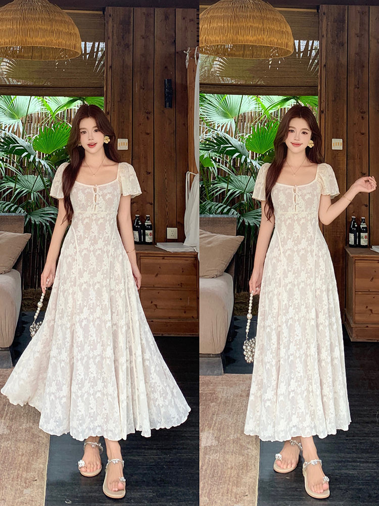 RY5715# 实拍胖妹妹大码女装夏季新款蕾丝显瘦镂空设计感时尚连衣长裙