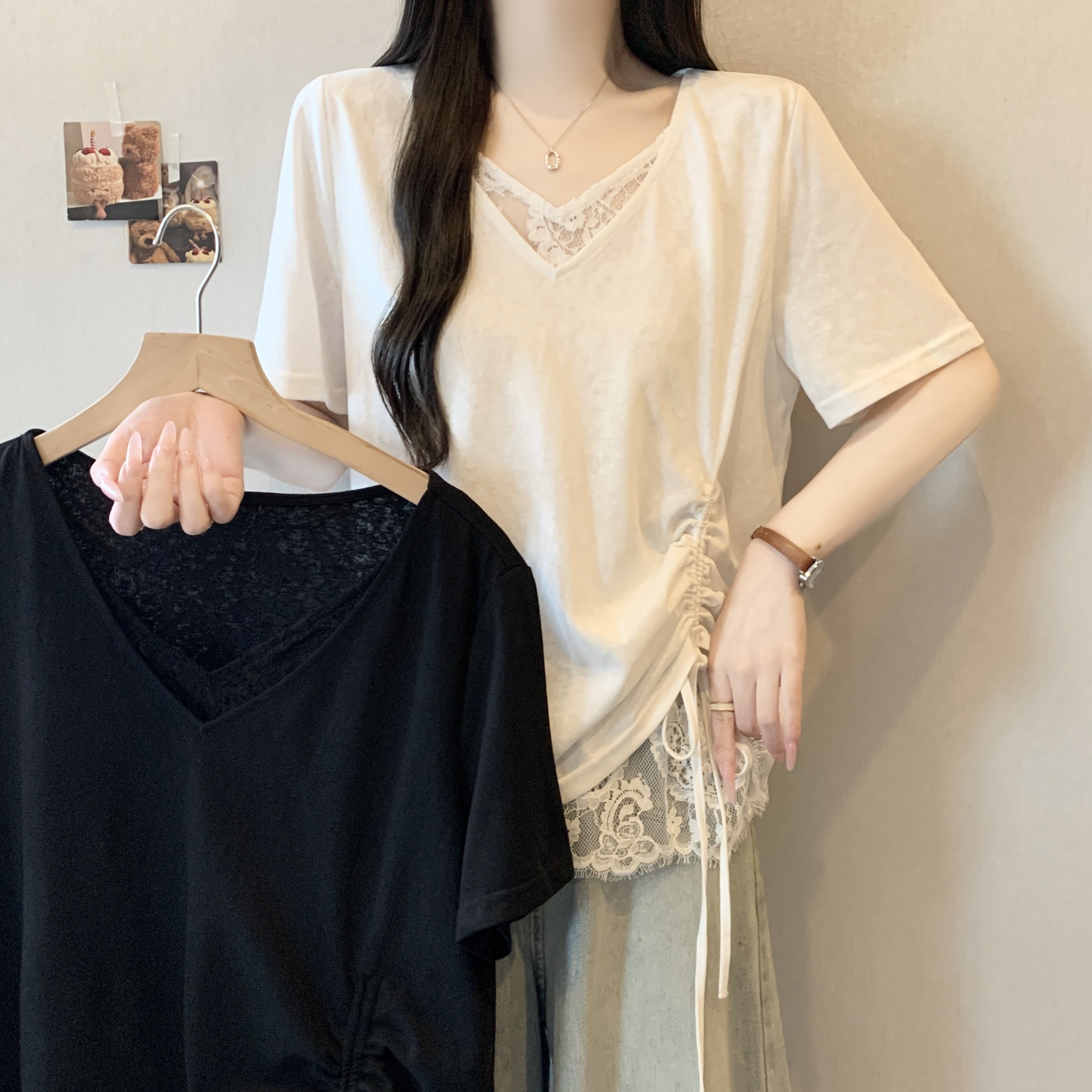 RY5716# 实拍胖妹妹大码女装夏季新款V领蕾丝假两件拼接抽绳T恤显瘦上衣