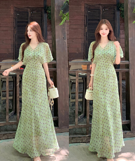 실사 빅 사이즈 여성 의류 여름 새로운 도트 무늬 디자인 센스 허리 수축 슬림해 보이는 Chic 초박형 차가운 품격 드레스