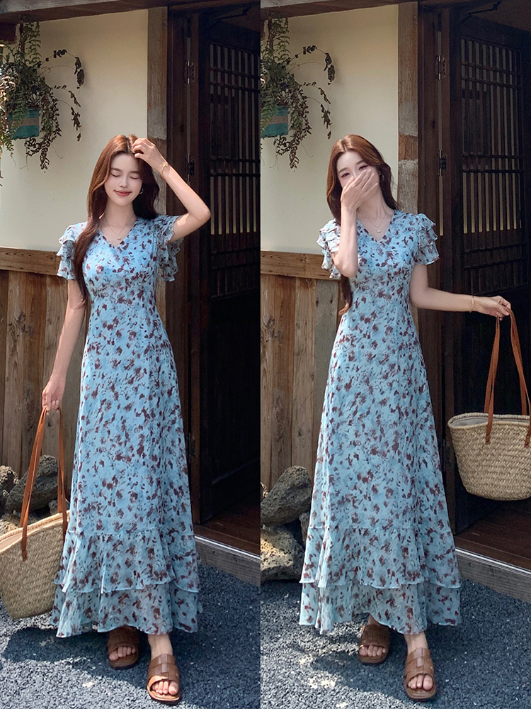 RY5706# 实拍胖妹妹大码女装夏季新款法式V领系带收腰碎花气质连衣裙