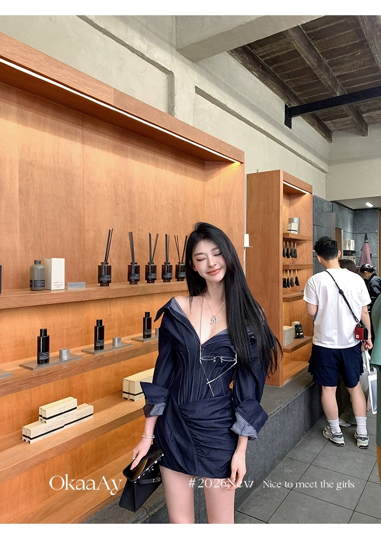 프랑스식 오프숄더 데님 긴팔 여성 드레스 이른 봄 순수한 욕망 섹시함 허리 수축 슬림해 보이는 몸매 가꾸기 타이트 스커트 짧은 치마