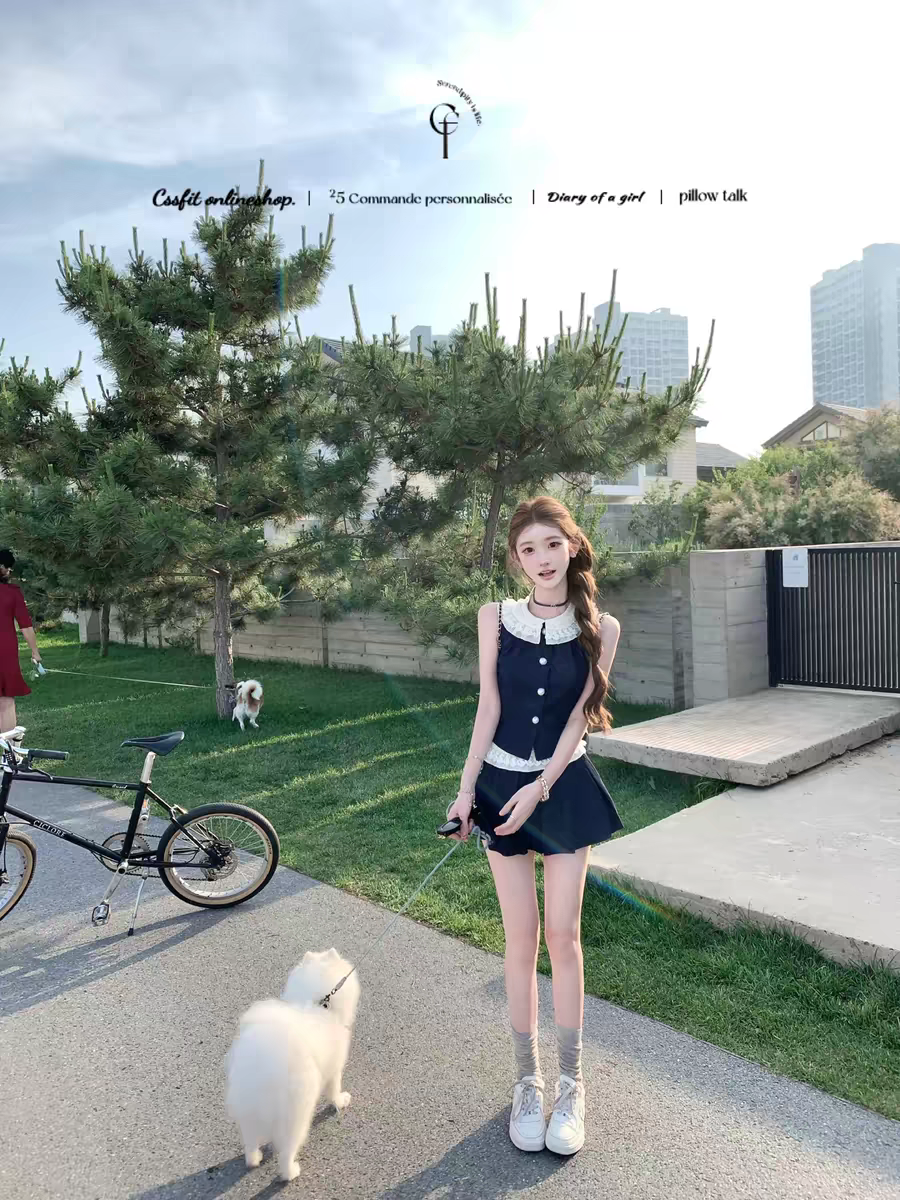 배 태국 사람 안뜰 class 레이스 칼라 데님 민소매 맨위 반 스커트 미니 스커트 면 소재 세트