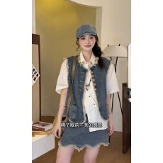 批发小众设计感薄款牛仔流苏马甲女裙子衬衣三件套
