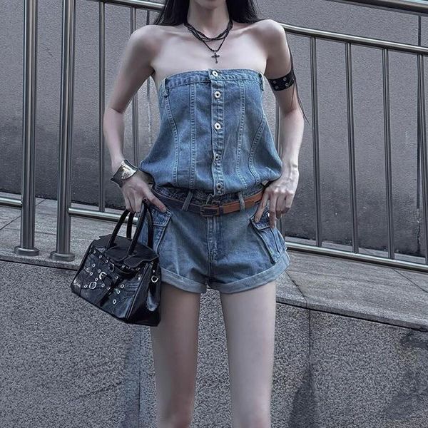아메리칸 레트로 핫걸 민소매 튜브탑 데님 올인원 바지 여성 의류 여름 Chic 원피스 바지 슬림해 보이는 파란색 반바지