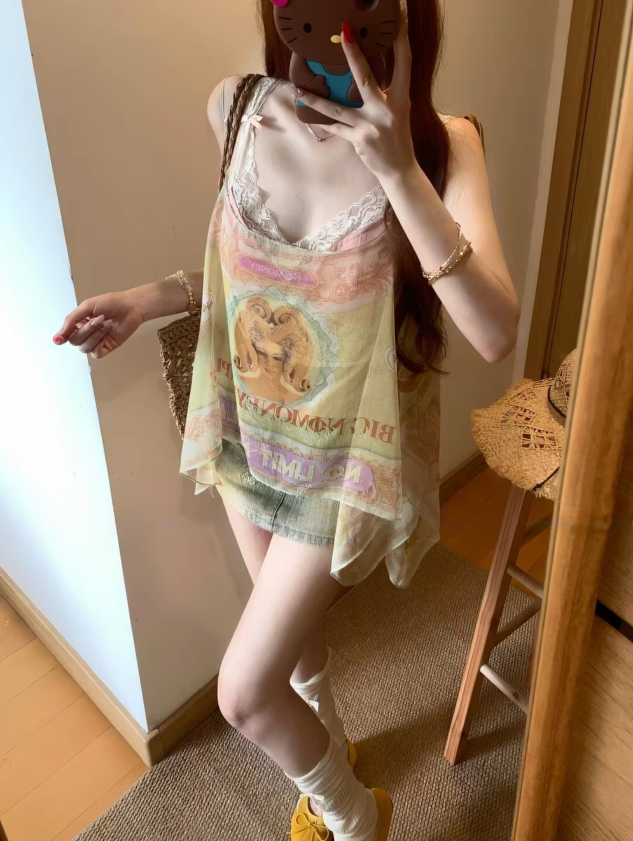 섹시함 달콤한 매운맛 바람 둘 착용 프린트 비스듬한 어깨 의류 코디 레이스 캐미솔 슬림해 보이는 데님 3종 세트 여름