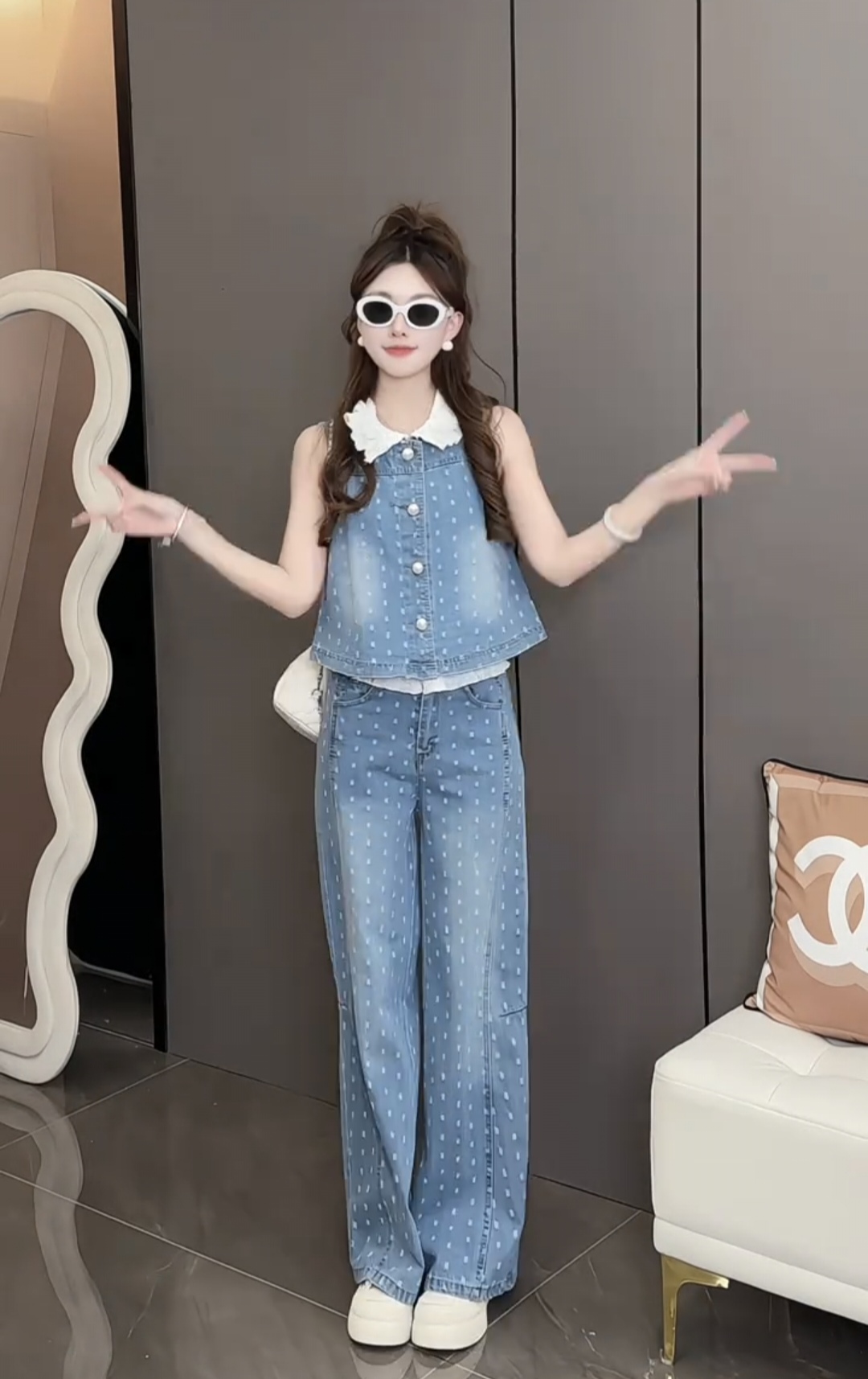 디자인 센스 레이스 레이스 패치워크 데님 세트 여성 봄 2026 새로운 베스트 맨위 와이드 레그 팬츠 투피스 세트