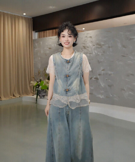 품격 3종 세트 오픈 가디건 데님 베스트 일반 허리 와이드 레그 팬츠 레이스 반팔 세트