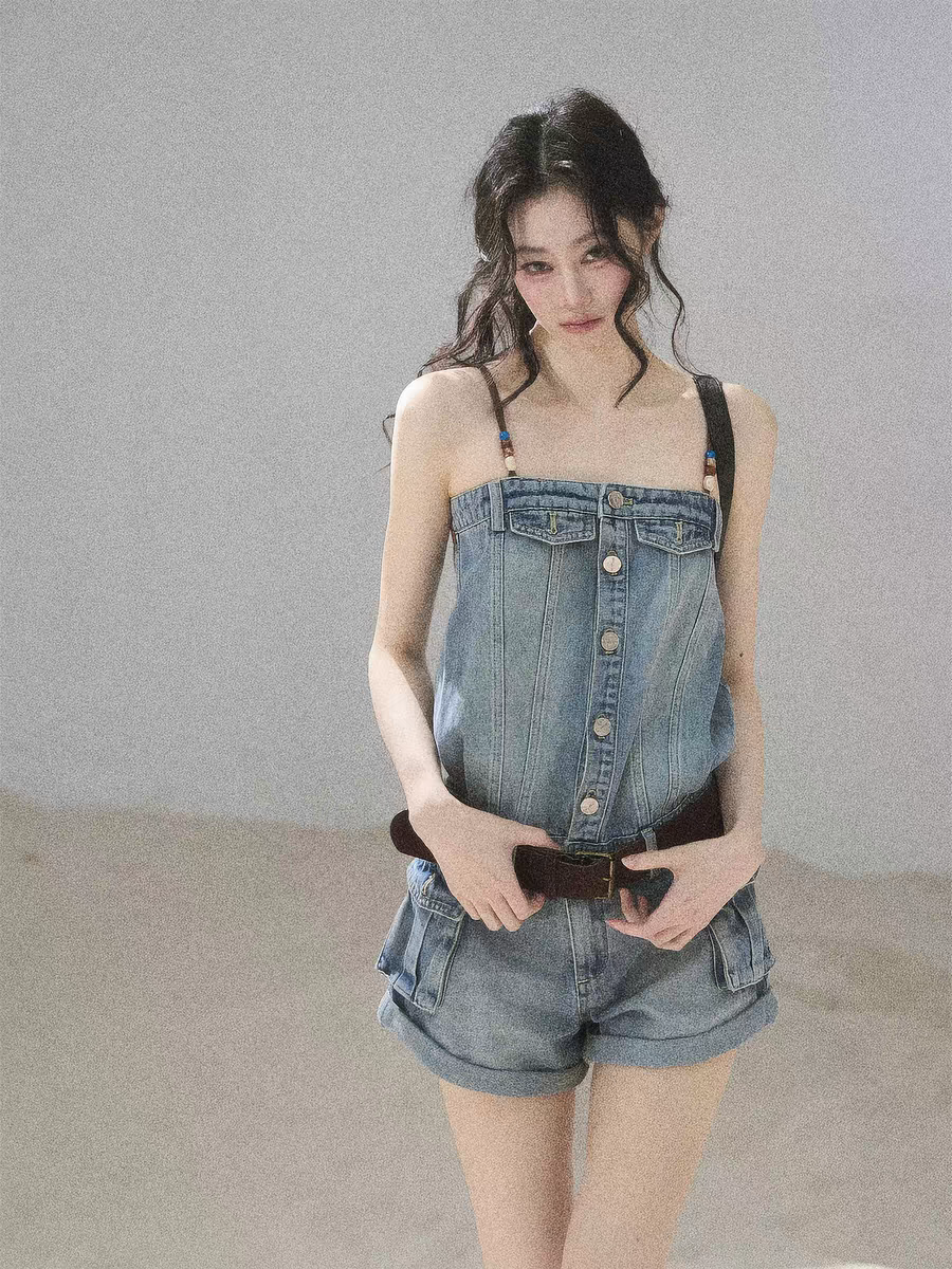 덜 또한 눈 이동 해변가 걷기 데님 멜빵 점프 슈트 여름