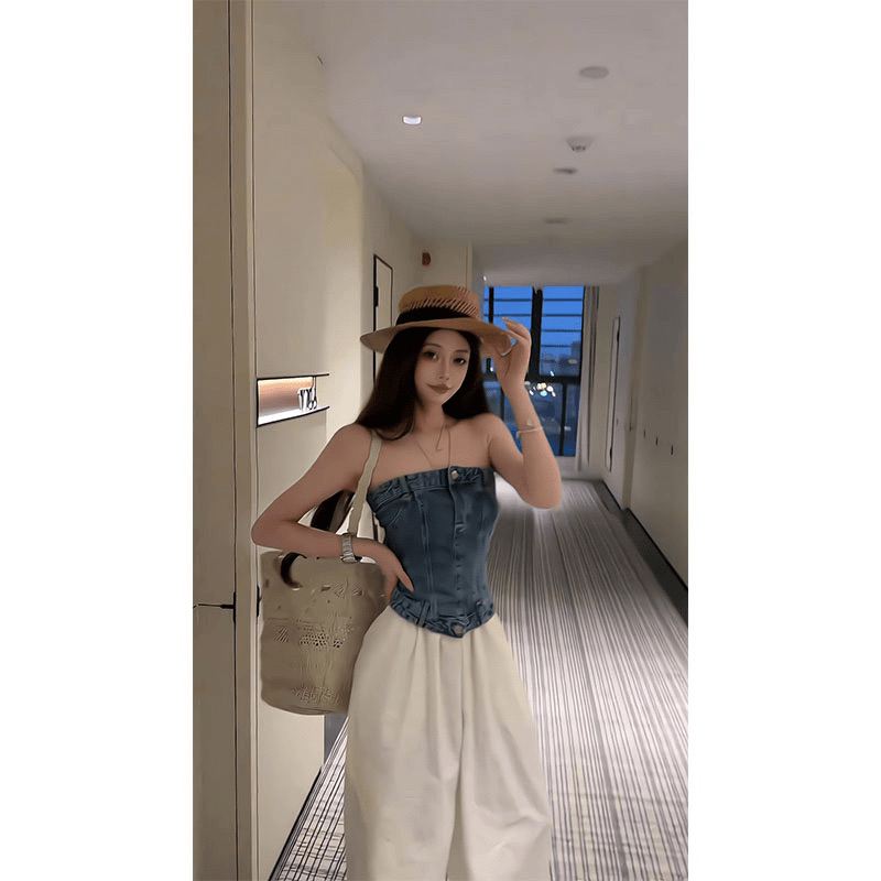 달콤한 매운맛 바람 데님 튜브탑 조끼 여성 여름 새로운 불규칙 디자인 센스 작은 대중 넓은 다리 캐주얼 바지 투피스 세트