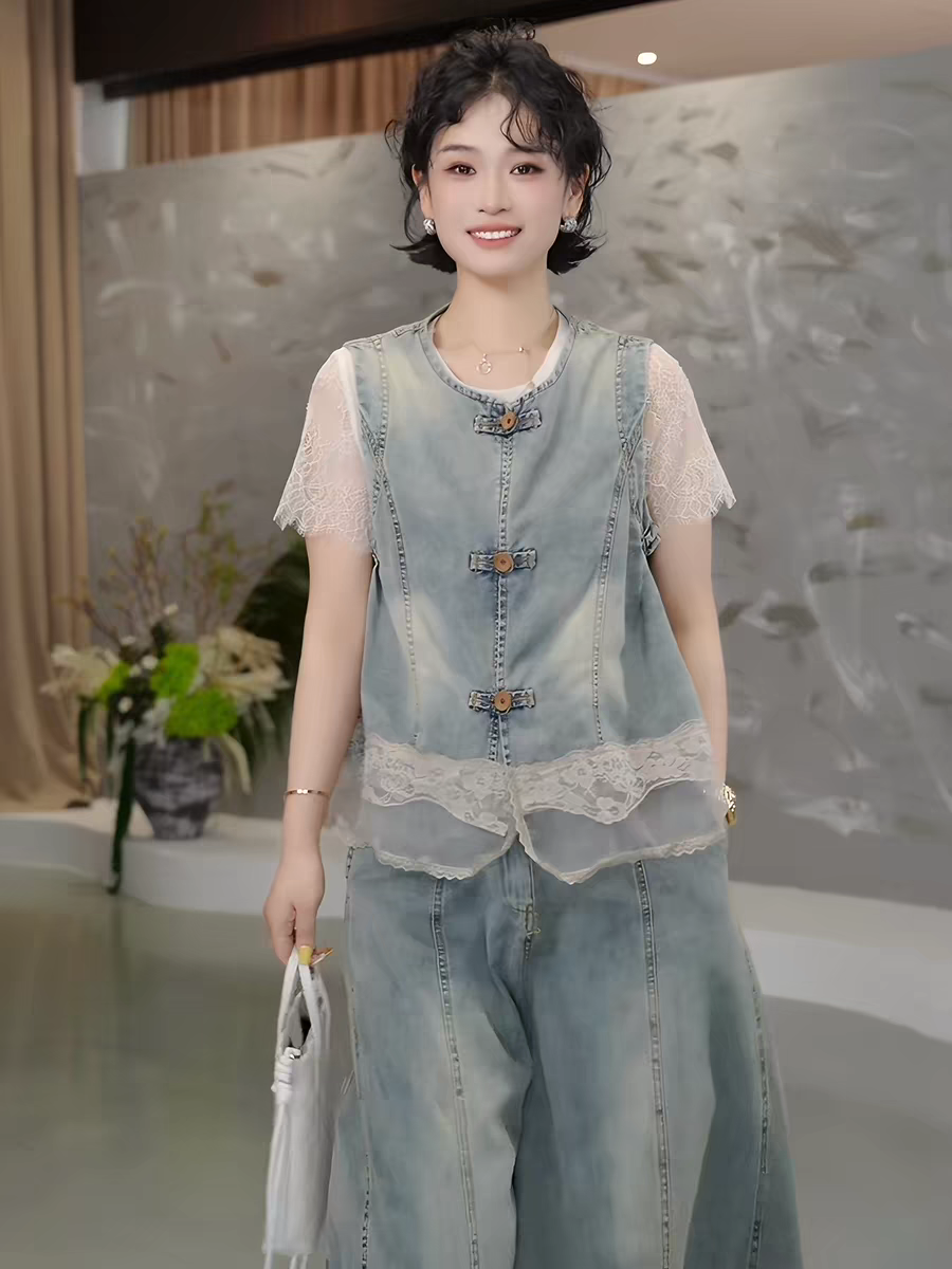 패션 데님 세트 여성 여름 새로운 레이스 조각 민소매 베스트 티셔츠 슬림해 보이는 와이드 레그 팬츠 3종 세트