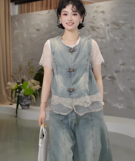 패션 데님 세트 여성 여름 새로운 레이스 조각 민소매 베스트 티셔츠 슬림해 보이는 와이드 레그 팬츠 3종 세트