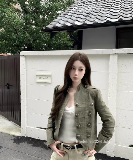 밤나무 코코아 bankelili 나폴레옹 스탠드 칼라 단추 데님 여성 코트 작은 대중 디자인 쇼트 스타일 재킷