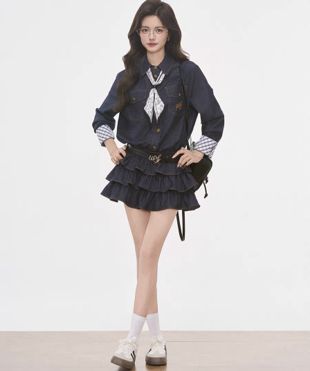 고급 센스 모방 데님 셔츠 케이크 드레스 허리 수축 캐슈 꽃 스카프