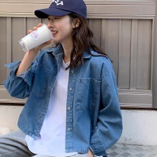 批发春新 <b class='q'>韩国</b><b class='q'>代购</b><b class='q'>正品</b>女装 时尚宽松休闲翻领长袖短款牛仔衬衫