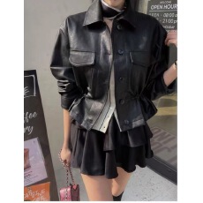 批发现韩版新款翻领简约腰部抽绳显瘦pu<b class='q'>皮衣</b>气质女