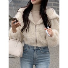 批发韩国东大门女装<b class='q'>甜美</b>毛绒绒翻领拉链开衫短外套 多色