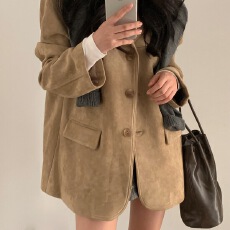 批发韩国chic复古气质西装领单排扣双口袋美拉德色系西装外套