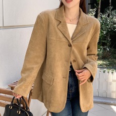 批发有货chic秋冬复古美拉德西装领仿鹿皮绒宽松休闲百搭款长袖外套女