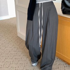 批发新品复古气质撞色抽绳系带高腰直筒阔腿休闲裤拖地长裤