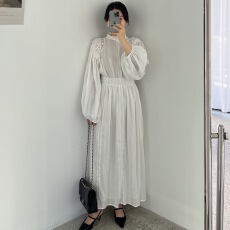 批发法式优雅立领刺绣<b class='q'>提花</b>设计褶皱收腰显瘦灯笼袖长款<b class='q'>连衣裙</b>