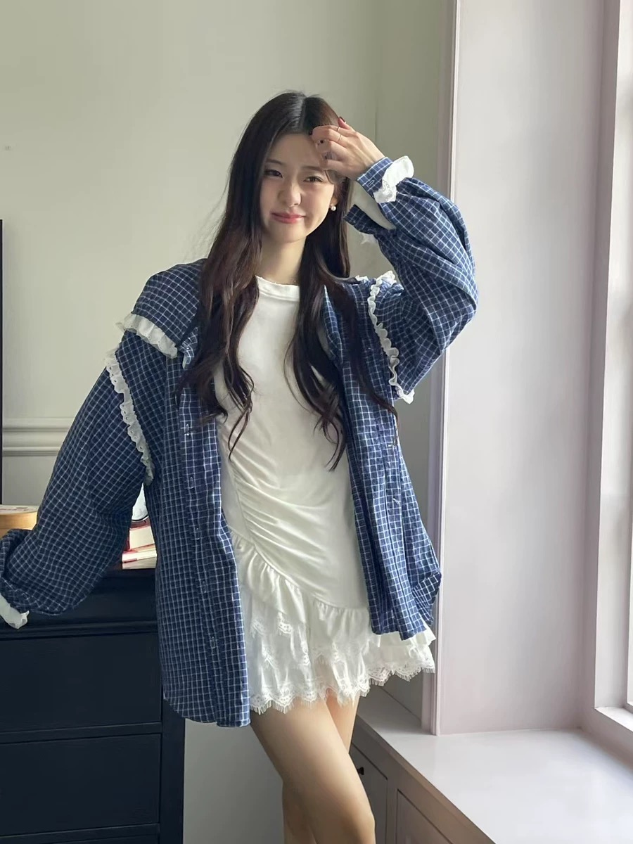 있음 밖으로 2026 봄 체크무늬 후드 긴팔 여성 셔츠 루즈핏 캐주얼 다용도 맨위 레이스 패치워크