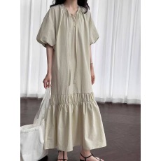 批发已出 26年春夏纯色中长款收腰<b class='q'>连衣裙</b>女短袖长裙