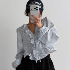 批发有货 韩国东大门 26春 低领荷叶边绑带短款衬衫