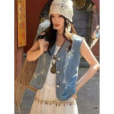 批发2026春夏新款重工刺绣花朵牛仔<b class='q'>马甲女</b>宽松无袖背心外套坎肩上衣潮