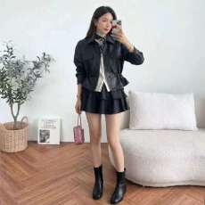 批发现韩版新款翻领简约腰部抽绳显瘦pu皮衣气质女