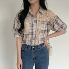 批发chic 时尚拼接设计格子<b class='q'>中袖</b>衬衫