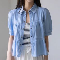 批发2026夏季新款韩版短袖水洗<b class='q'>牛仔</b><b class='q'>衬衫</b>女小众宽松娃娃衫潮