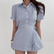 批发韩版新款夏季收腰显瘦衬衫腰带短裤女短袖<b class='q'>连体</b><b class='q'>裤裙</b>气质女