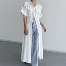批发已出 chic小众经典翻领排扣双口袋收腰卷边袖<b class='q'>衬衫</b>式连衣裙