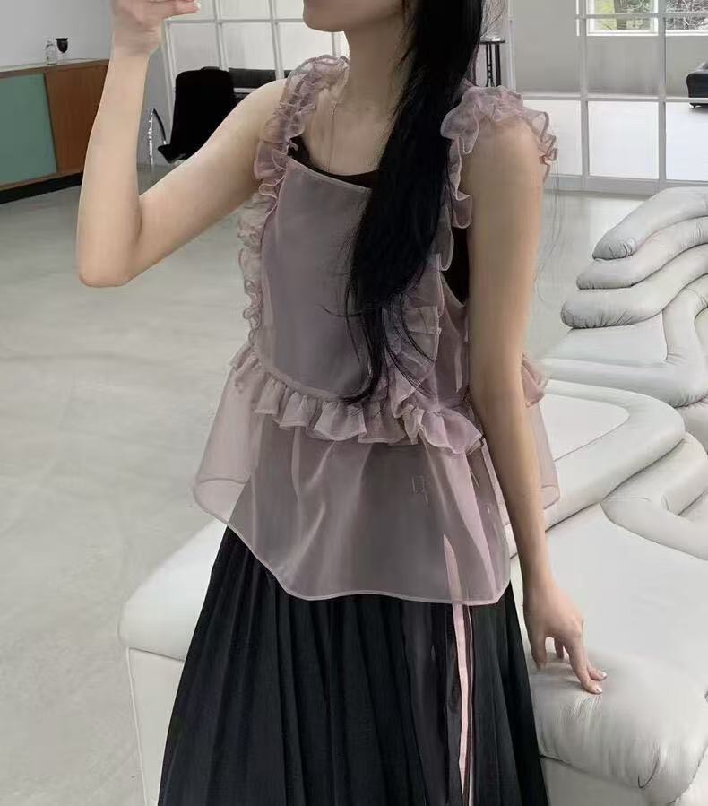 있음 밖으로 한국 chic 유럽 오간자 조끼 프릴 디자인 스택 착용 외부 가져 가라. 캐미솔