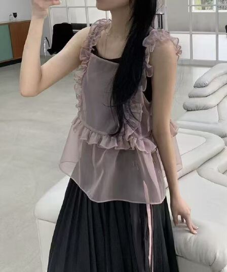 있음 밖으로 한국 chic 유럽 오간자 조끼 프릴 디자인 스택 착용 외부 가져 가라. 캐미솔
