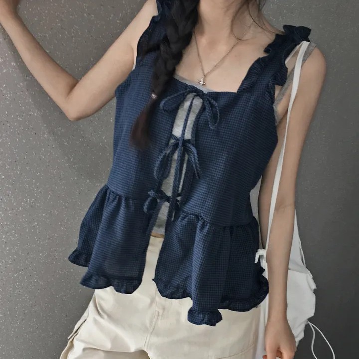 원본 한국 chic 프릴 체크무늬 쉬폰 블라우스 캐미솔 스트랩 홀로우 아웃 주름 패치워크 맨위