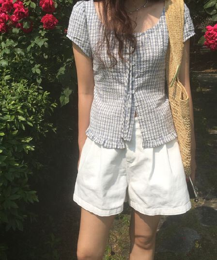 원본 한국 chic 여름 프릴 싱글 줄 버튼 반팔 격자 무늬 셔츠