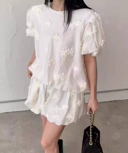 chic 다용도 작은 대중 패션 개성 거품 소매 꽃 반바지 세트 투피스 세트