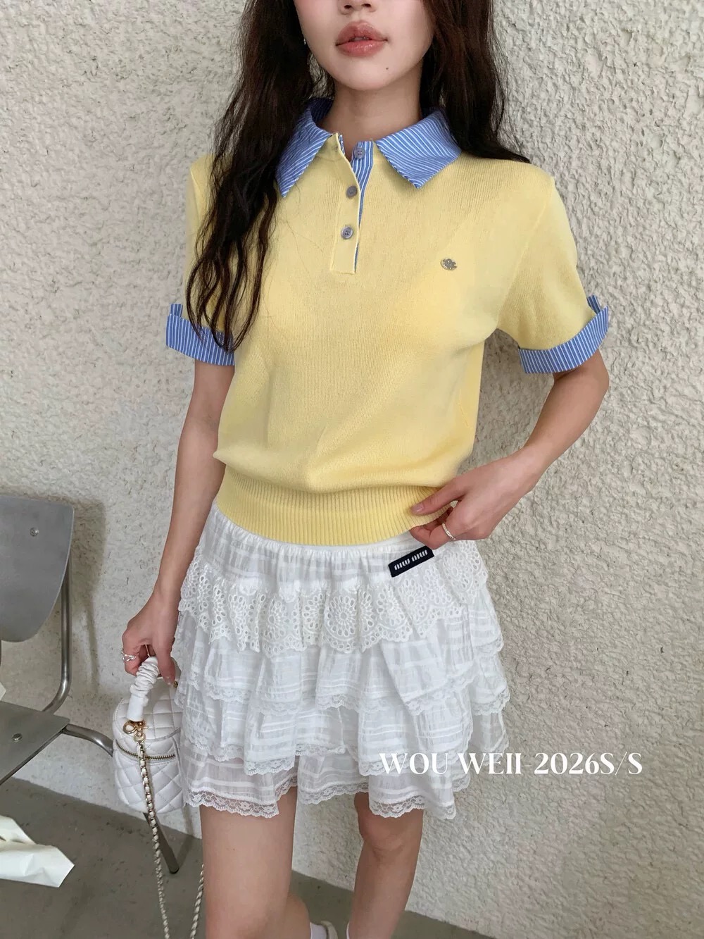 한 부서 학원 스타일 POLO 칼라 배색 긍정적 인 어깨 몸매 가꾸기 슬림해 보이는 패치워크 반팔 티셔츠 다용도 외국 가스 니트 스웨터