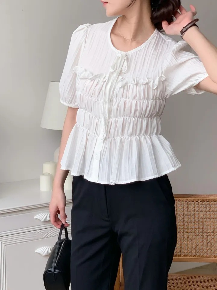 chic 한국 스타일 여름 프랑스식 품격 달콤함 주름 장식 허리 수축 레이스업 거품 소매 질감 곡물 셔츠 맨위