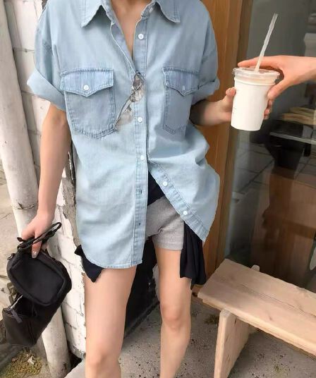 있음 창고 동대문 캐주얼 루즈핏 주머니 데님 반팔 셔츠