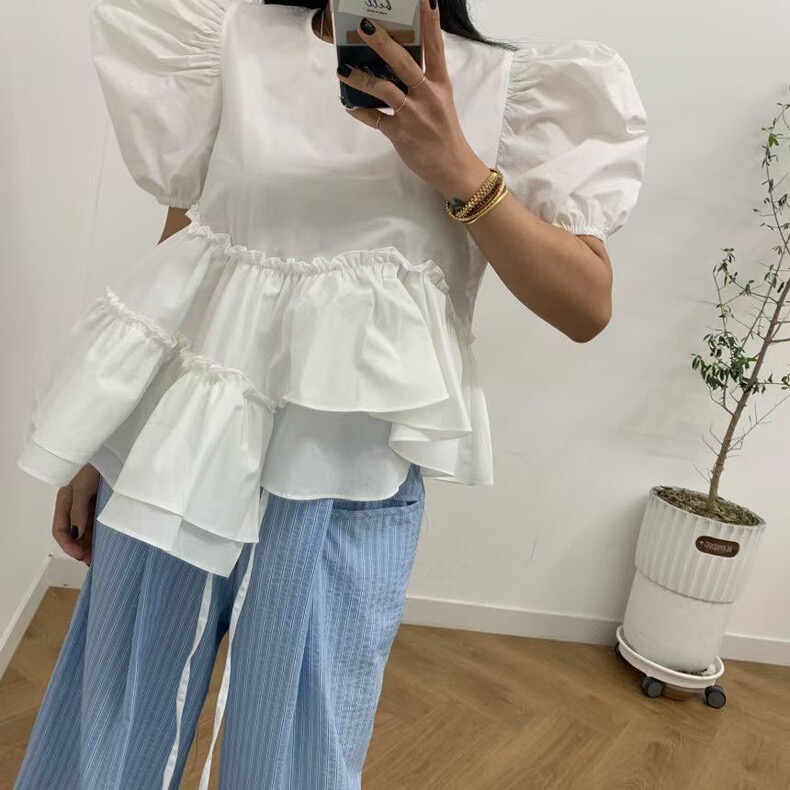 재고 있음 chic 봄 여름 부드러운 다용도 불규칙 프릴 셔츠