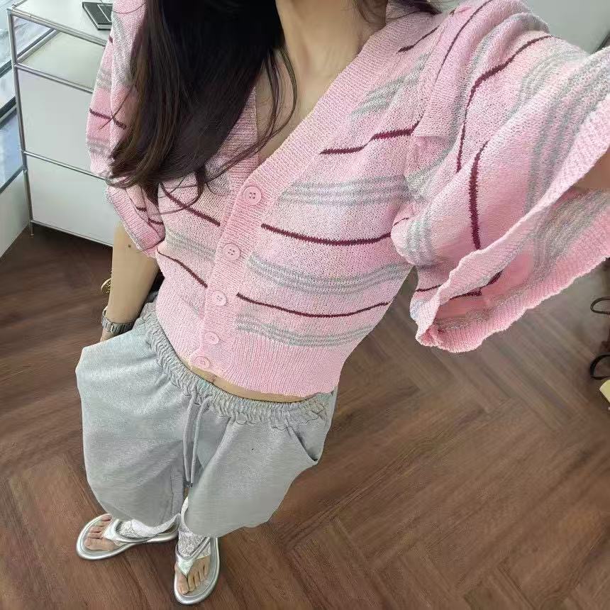 재고 있음 한국 동대문 패션 거품 소매 다용도 니트 오픈 가디건 V넥 풀오버 몸매 가꾸기 슬림해 보이는 맨위 여성