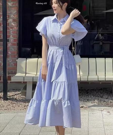 새로운 한국 스타일 스트라이프 케이크 층 드레스