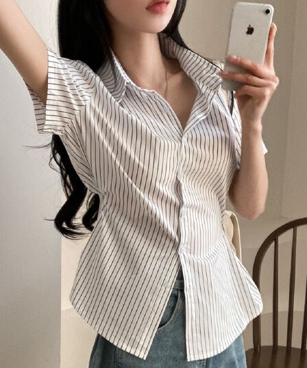 재고 있음 chic Chic 디자인 센스 작은 대중 스트라이프 단추 허리 수축 셔츠 맨위 슬림해 보이는 셔츠