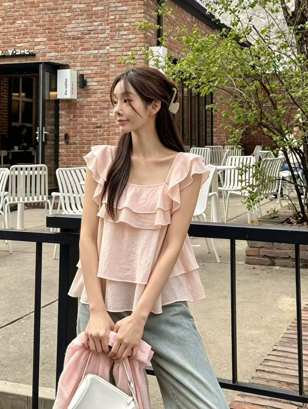 재고 있음 chic 한국 스타일 날다 소매 백리스 동점 벨트 측면 칼라 프릴 인형 셔츠