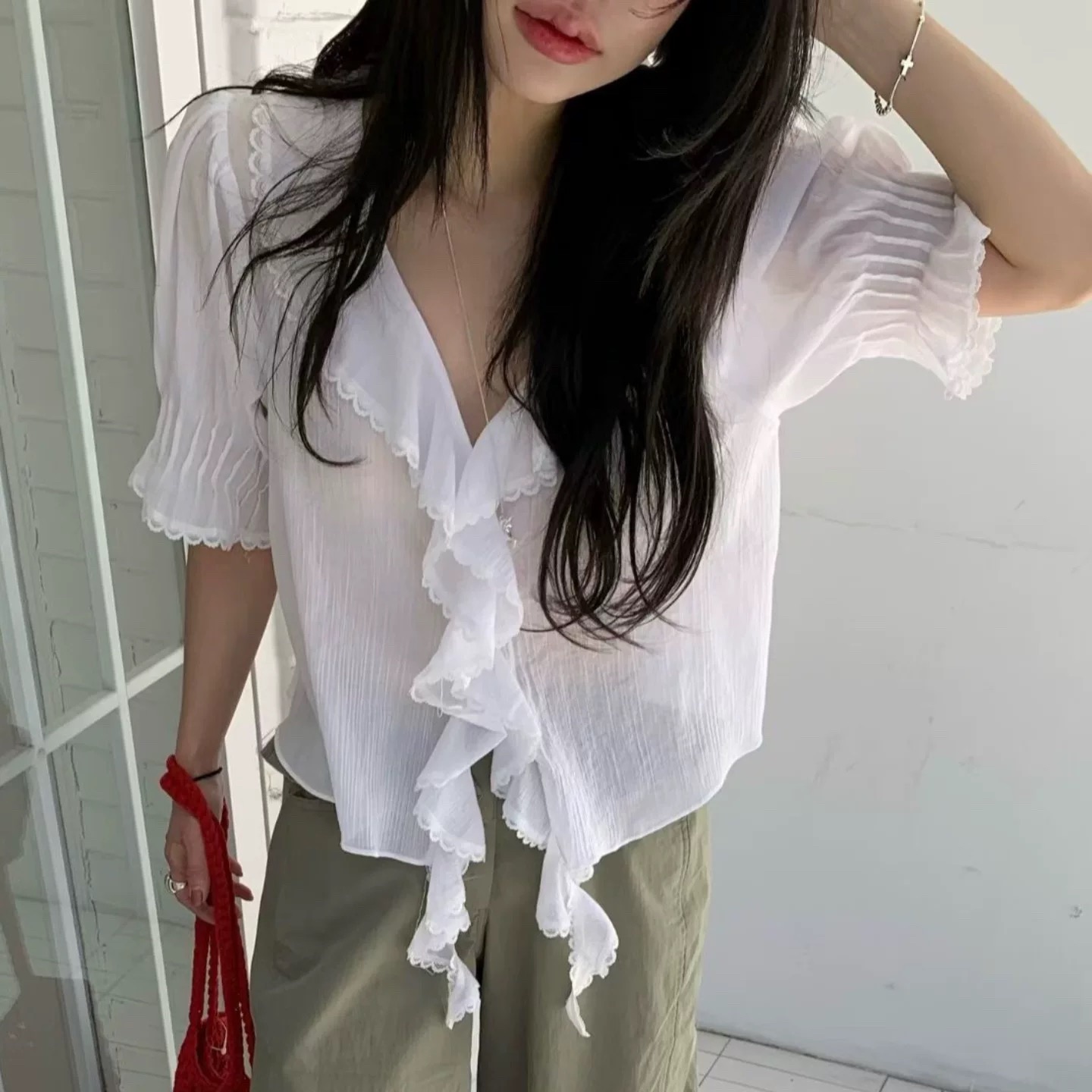 있음 창고 봄 여름 섹션 부드러운 다용도 폴로 칼라 프릴 셔츠