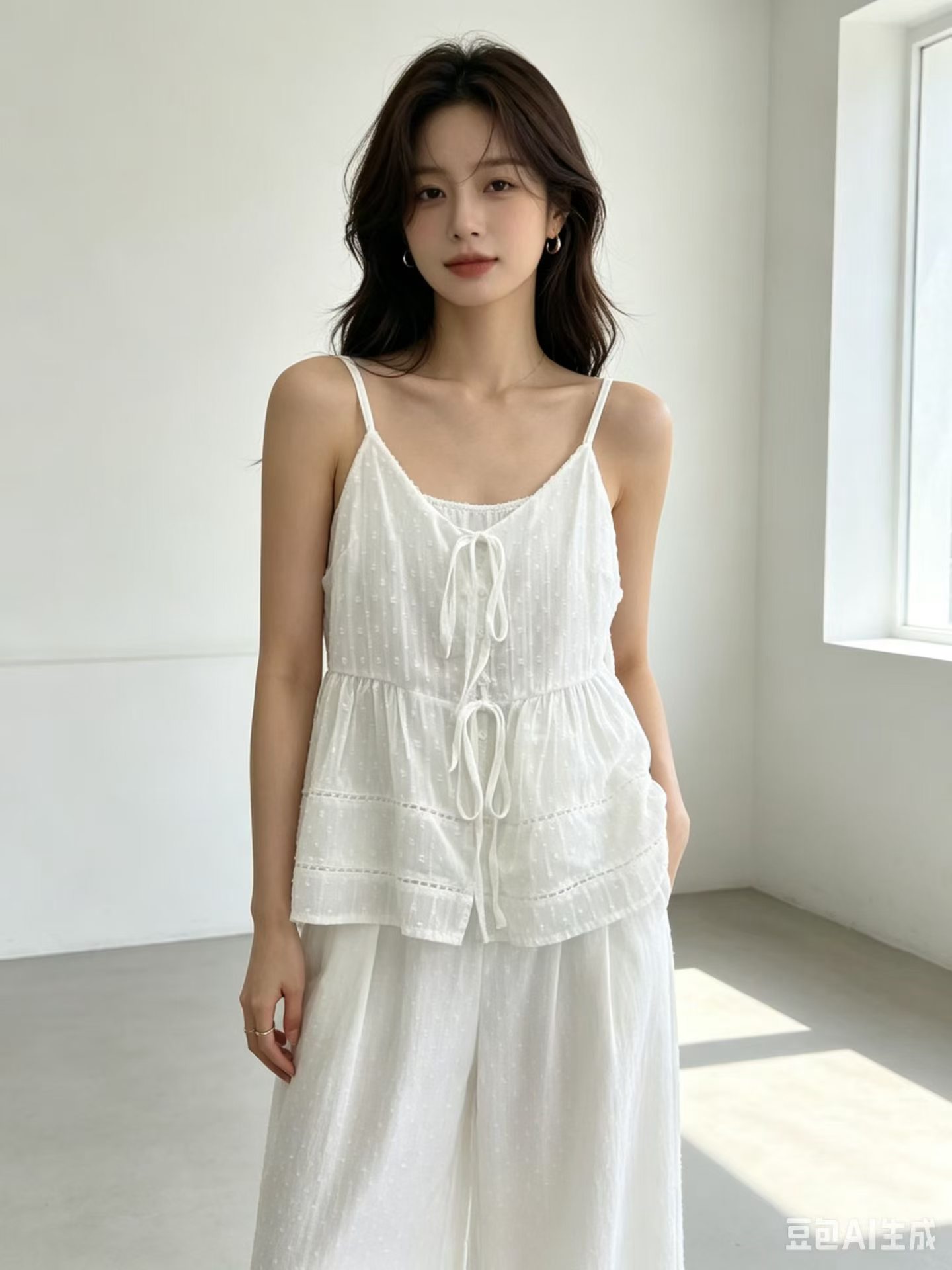 새로운 한 부서 여름 달콤함 레이스업 캐미솔 허리밴드 루즈핏 캐주얼 바지