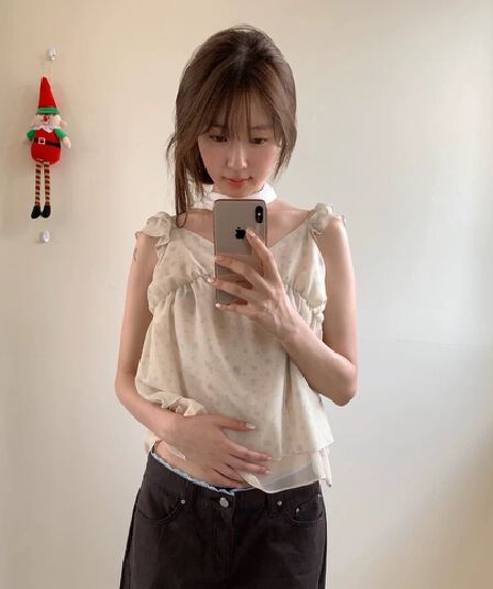 재고 있음 chic 동대문 부드러운 바람 꽃무늬 프릴 작은 날다 소매 쉬폰 셔츠